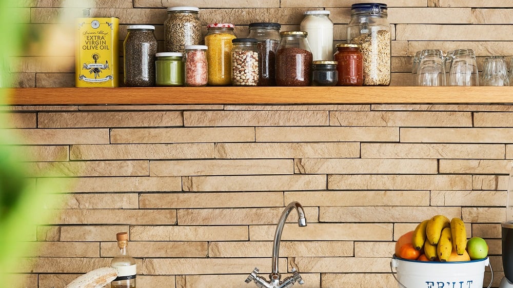 Kitchen shelf over sink.