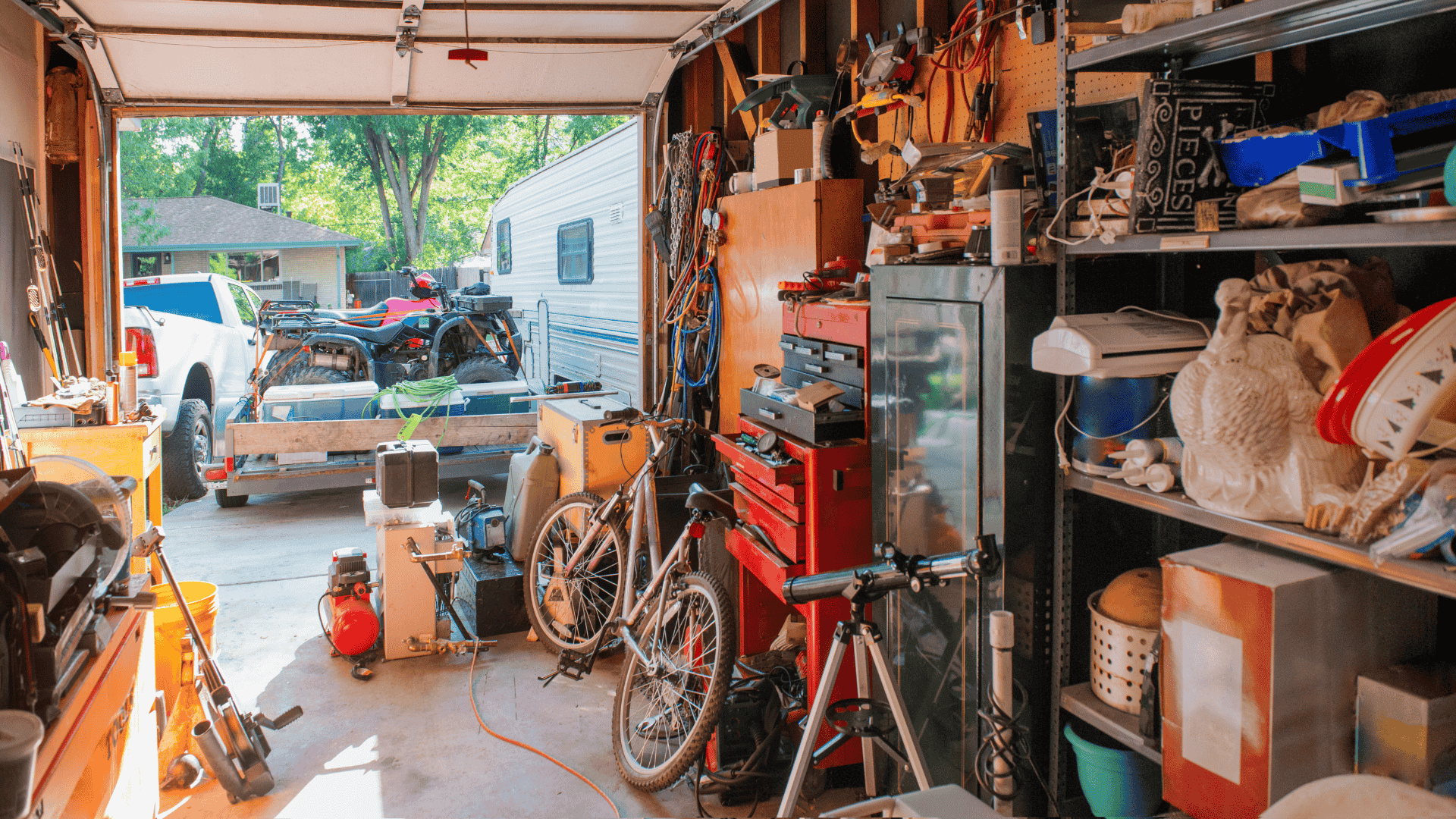 Looking out from a messy garage.