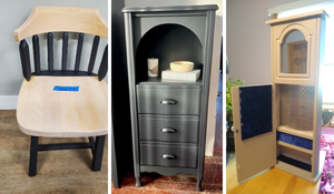 Three contest entries: a dining chair, cabinet with open shelf on top, and a jewelry case.
