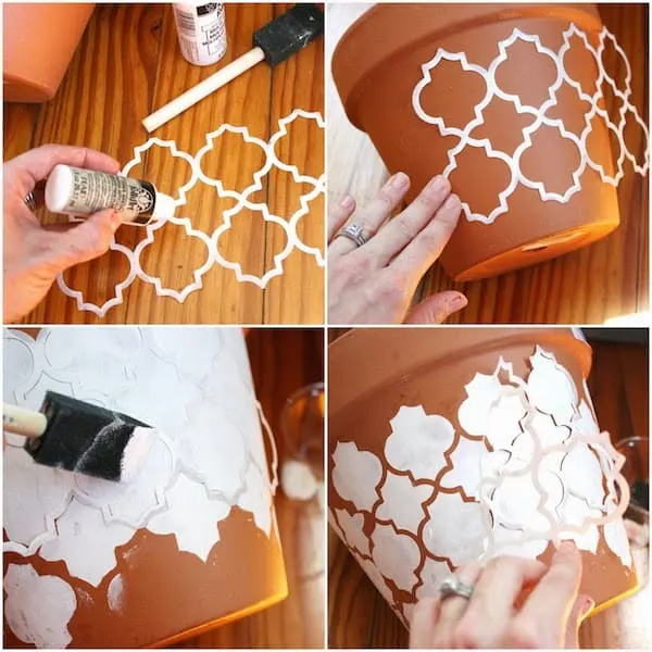 Four images of painting a white stencil pattern on a terra cotta pot.