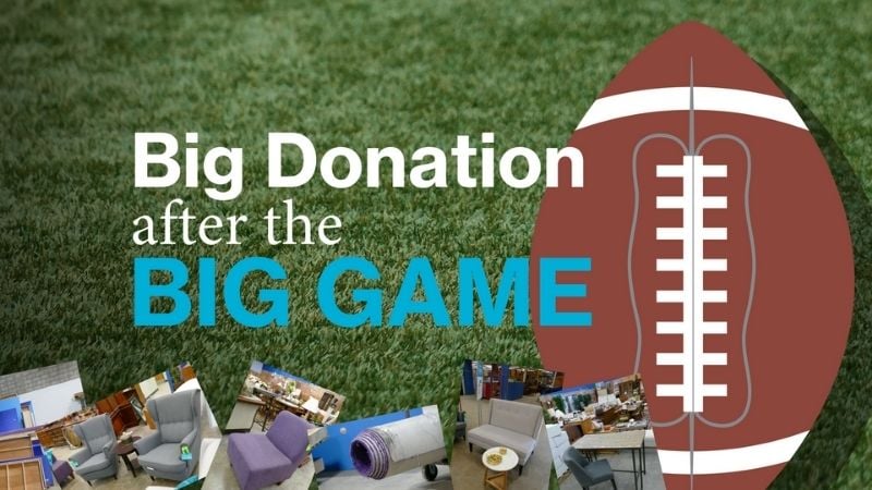 Big donation after the big game collage with football.