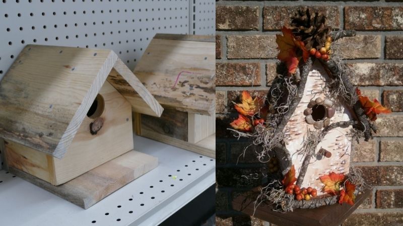 A birdhouse before and after decorating with fall-themed items.