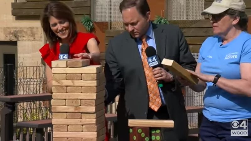 WCCO hosts and Jan with an oversize Jenga game set.